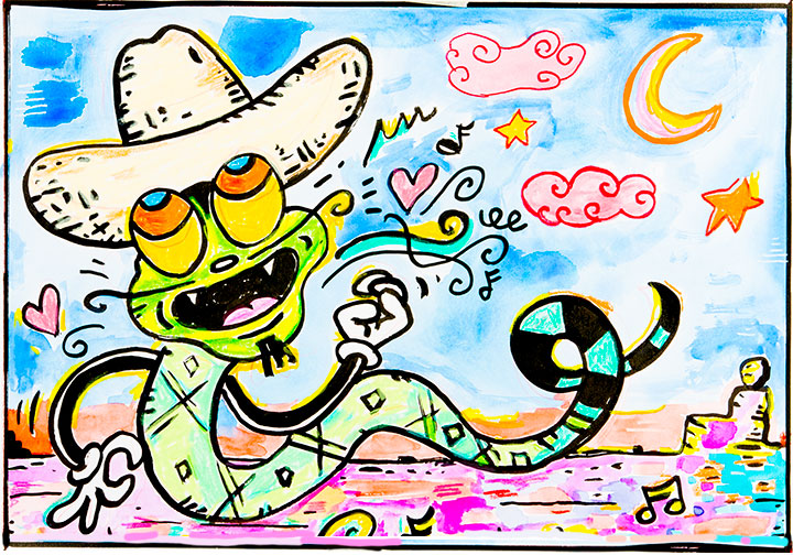 Cartoon painting of a snake with arms playing air guitar.