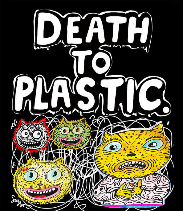 Death to Plastic Artwork with cartoon cat characters by artist jimmy sasso