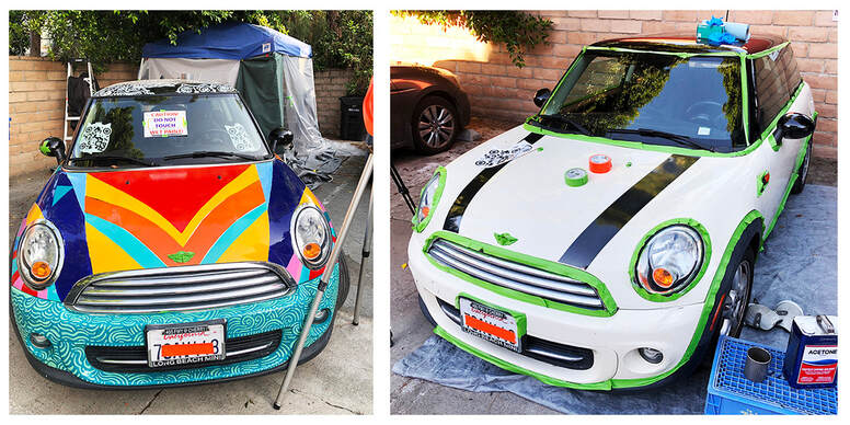 A mini Cooper car becomes painted to become an Art Car.