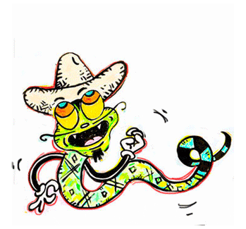 Snake character from Space Junk jumping around in a sort of spasmodic dance.